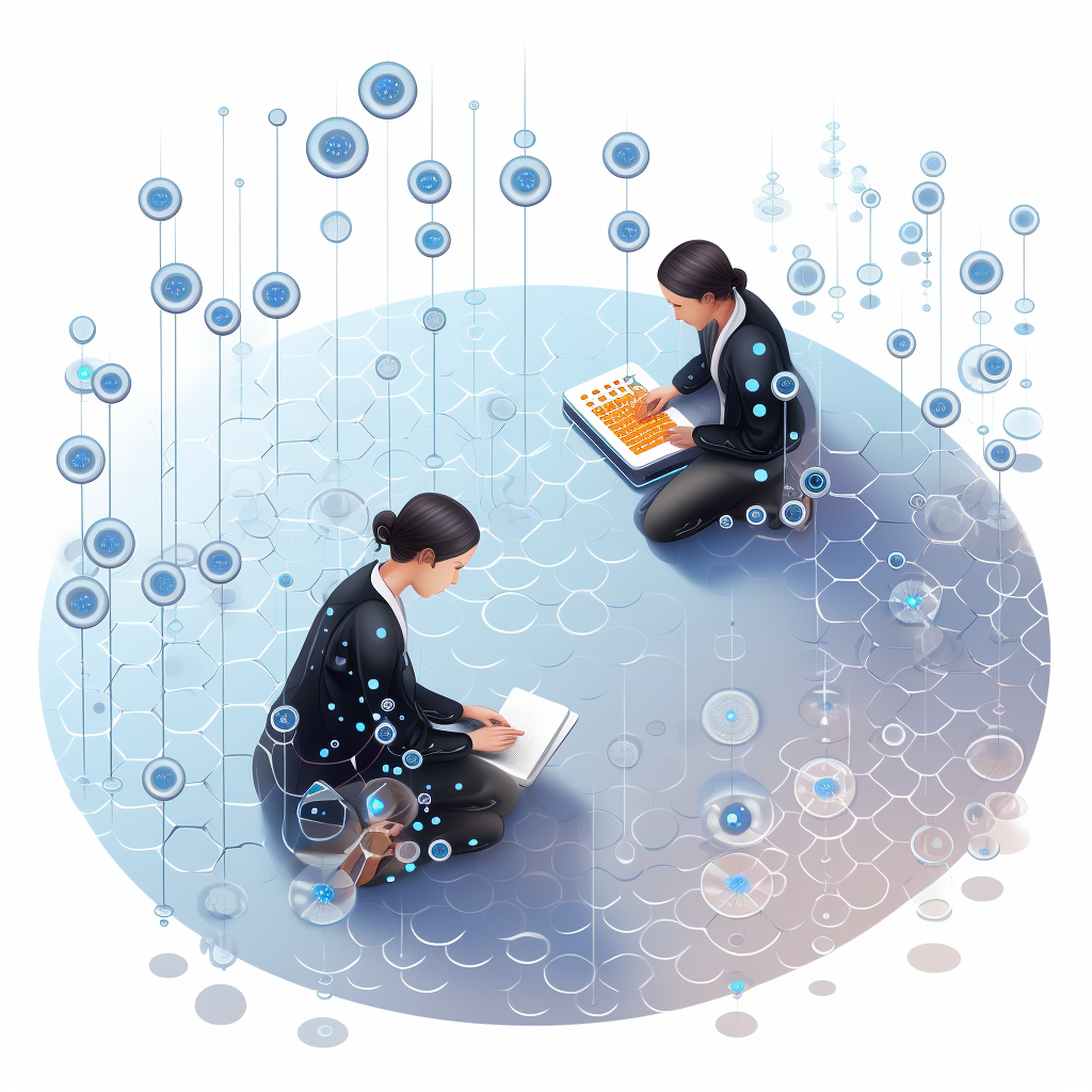 two scientists sitting on the floor surrounded by computer generated bubbles.